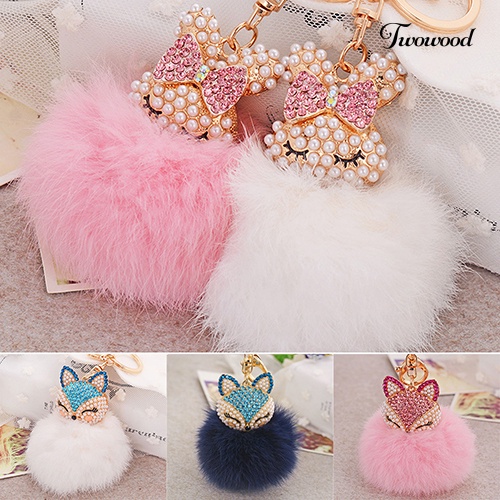 Twowood Hadiah Lucu Bling Berlian Imitasi Rubah Kelinci Fluffy Ball Gantungan Kunci Mobil Key Ring Pendant