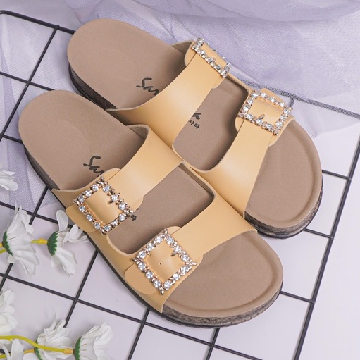 SARASARA YUK - KIMMY Sandal Wanita Slop Casual Size 36 - 41 Model Birken Sol Puyuh Sara Sara Sendal Cewek Kulit Santai Rumahan Strap Gesper dua Kristal Blink Empuk 37 38 39 40 Warna Yellow Kuning Soft Selop Anti Slip Original Shoes ORI Mall Official Store