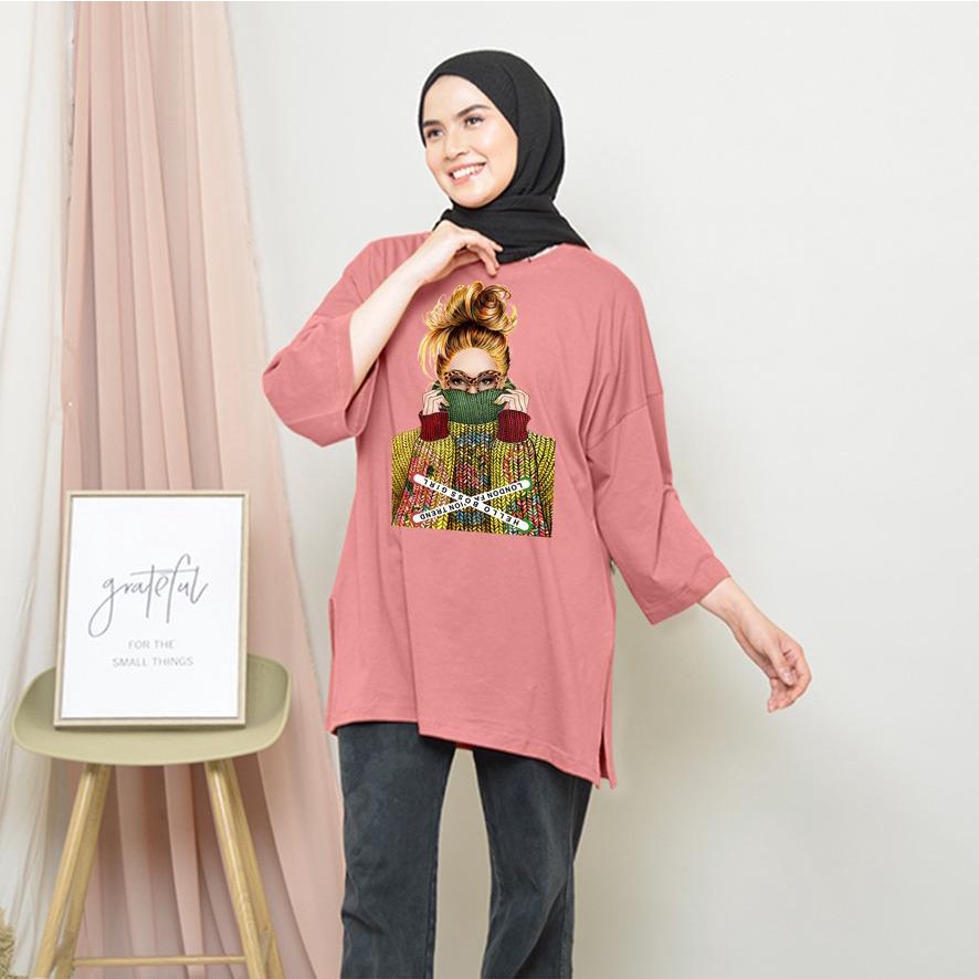 KAOS OVERSIZE TOP HIJAB WANITA BASIC DTF CEWEK KACAMATA / OVERSIZE SLIT BLOUSE GAMBAR DTF / DIGITAL PRINT