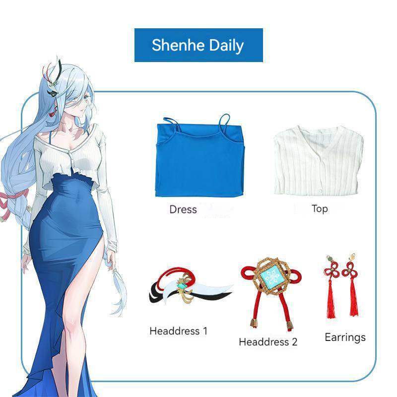 【Wetrose】Genshin Impact Shenhe Daily Cos Clothes Anime Role-playing Suspender Knitting Cardigan Suit Cosplay Costume Dress Baju Kostum