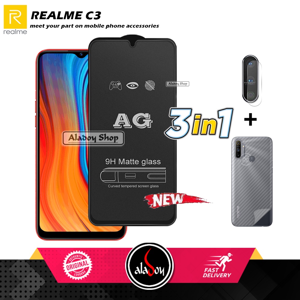 Paket 3IN1 Tempered Glass Layar Matte Anti Glare Realme C3 Free Tempered Glass Camera dan Skin Carbon