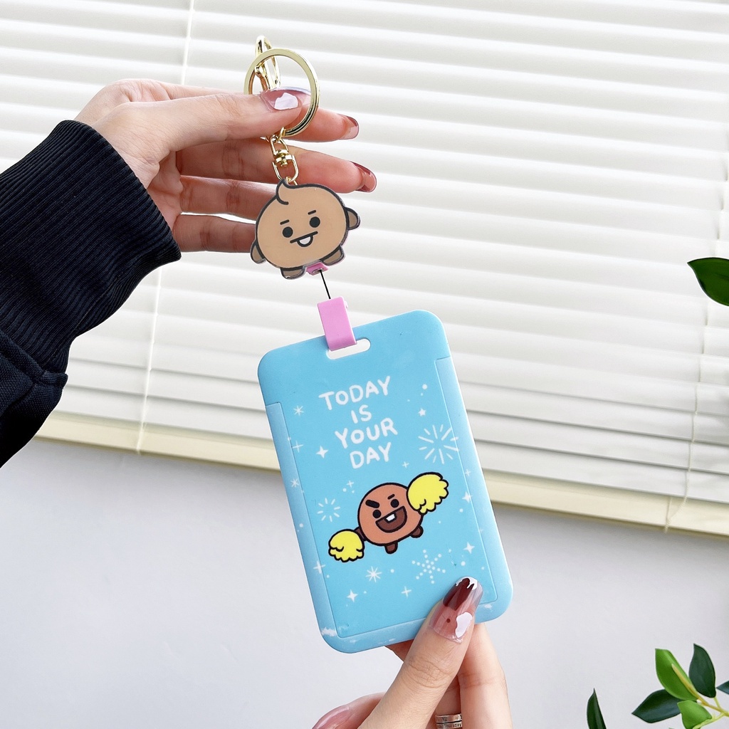 KPOP BTS BT21 Card Holder Hard Case TATA COOKY Photocard Protector Key Ring dengan Rantai Gantung yang Dapat Direnggangkan