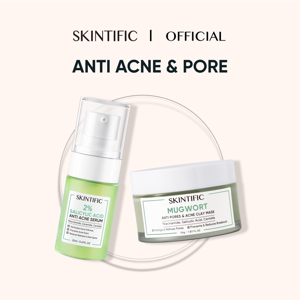 SKINTIFIC - Mugwort Anti Acne Clay Mask Pore Clarifying Wask Off Pack 55G Masker Wajah & 2% Salicylic Acid Anti Acne Serum 【BPOM】