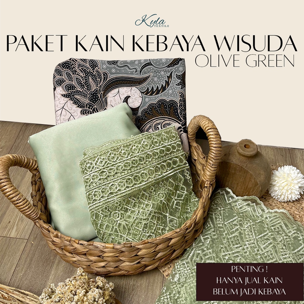 PAKET KAIN KEBAYA WISUDA SAGE/OLIVE GREEN (SATIN+BROKAT+BATIK)