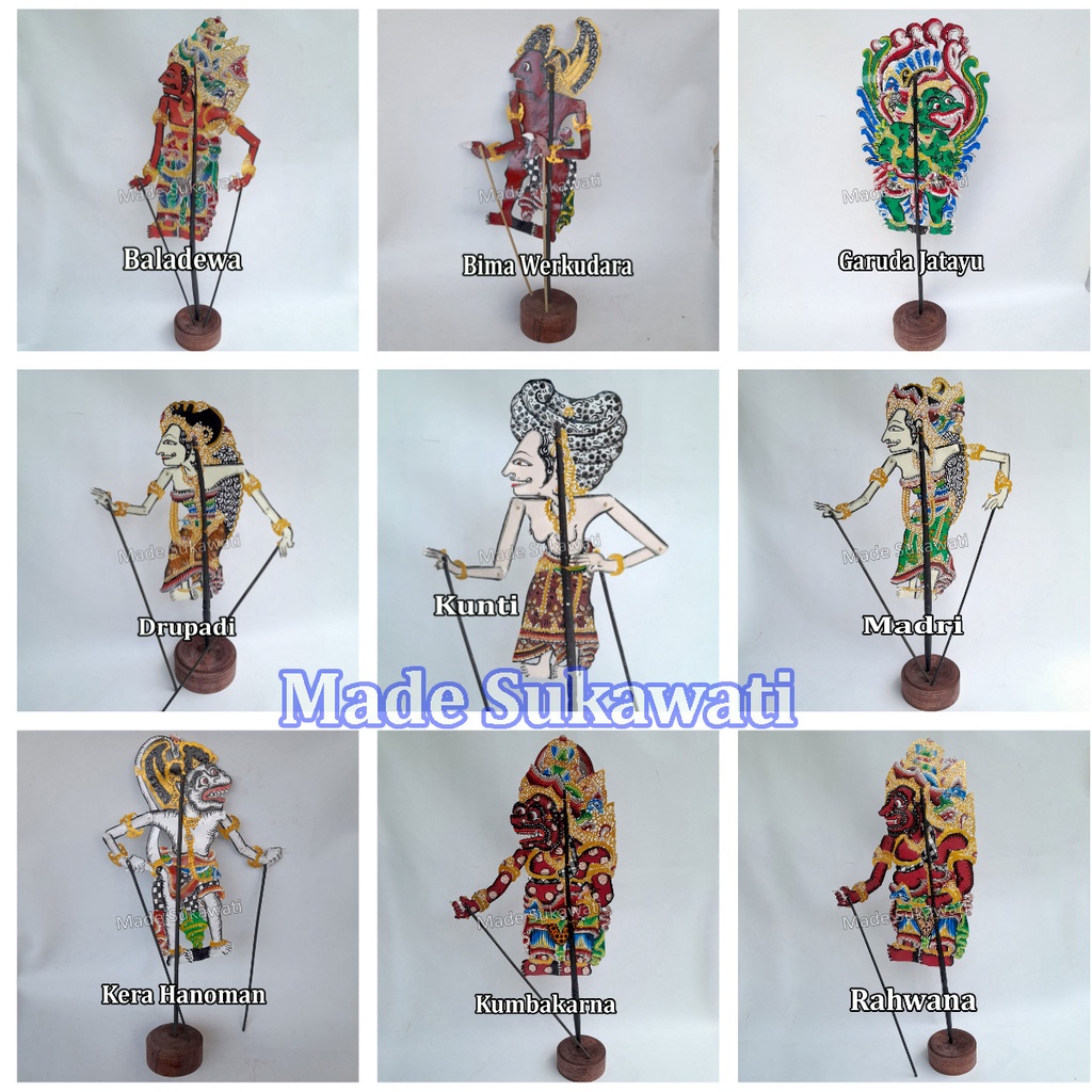 Kerajinan Wayang Bali bahan kulit sapi tangkai Kayu ukiran tangan handmade