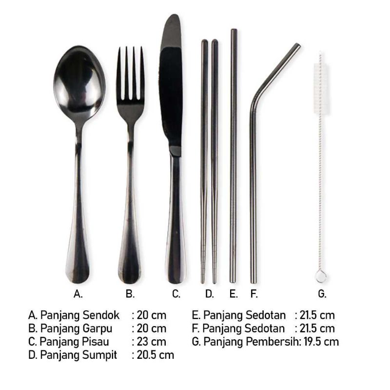 KNIFEZER Set Alat Makan Sendok Garpu Pisau Sumpit Sedotan - EA02300 Black