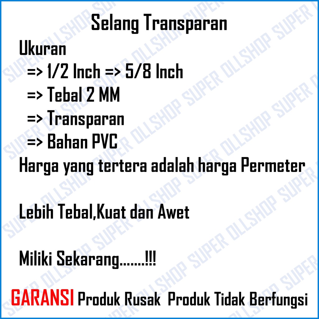 Selang Air Transparan Transparant 1/2 5/8 Inch Permeter / Selang Air Siram Taman Tanaman Cuci Motor Mobil Transparan Tebal Murah