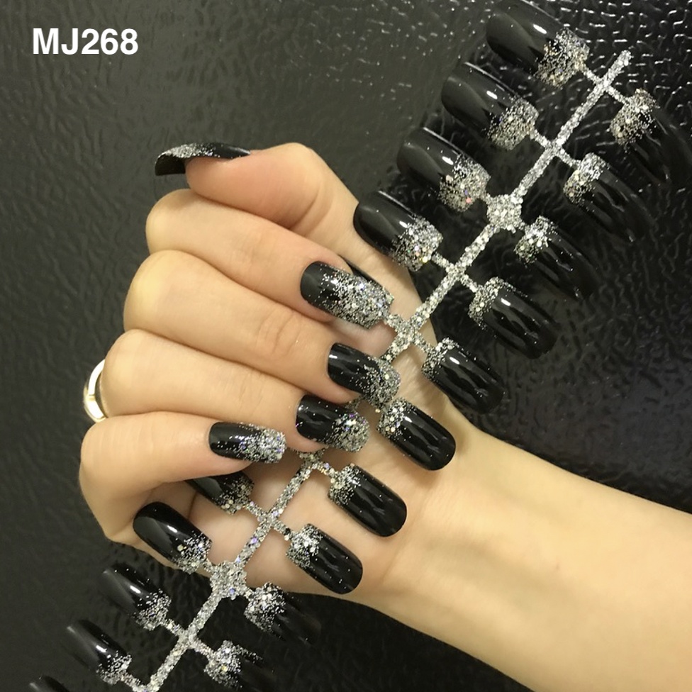 ❤️ Pretty ❤️ 24Pcs Kuku Palsu Hitam Motif Glossy Matte / Fake Nails Gliter Motif / Nail Art Kuku Pal
