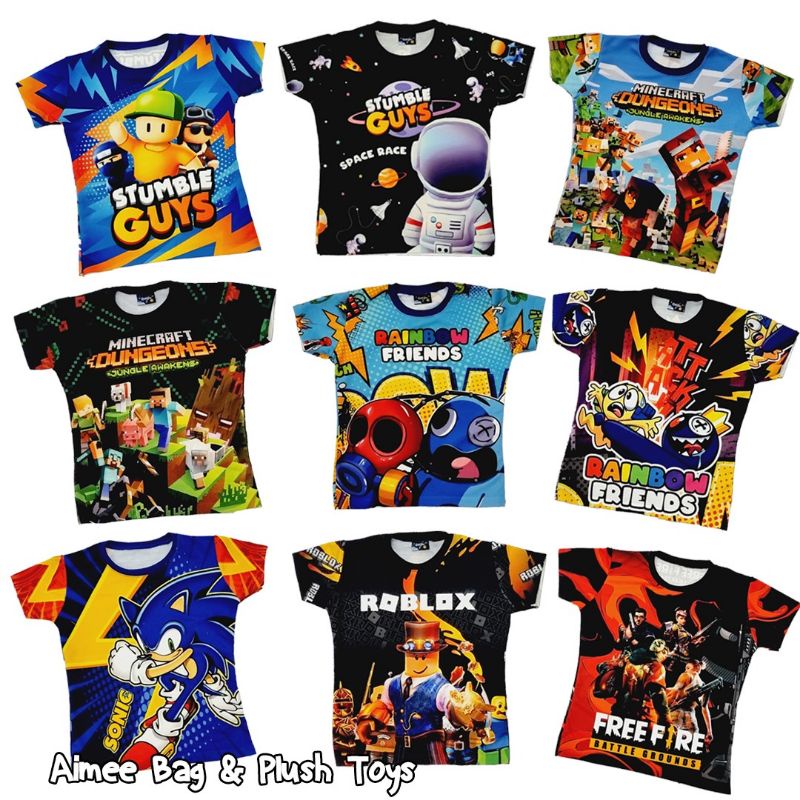 Baju Kaos / T-Shirt Print Anak STUMBLE GUYS - RAINBOW FRIENDS - SONIC - FREE FIRE - ROBLOX - MINECRAFT - AMONG US (2 sisi) Bahan BABY TERRY Nyaman dan Lembut