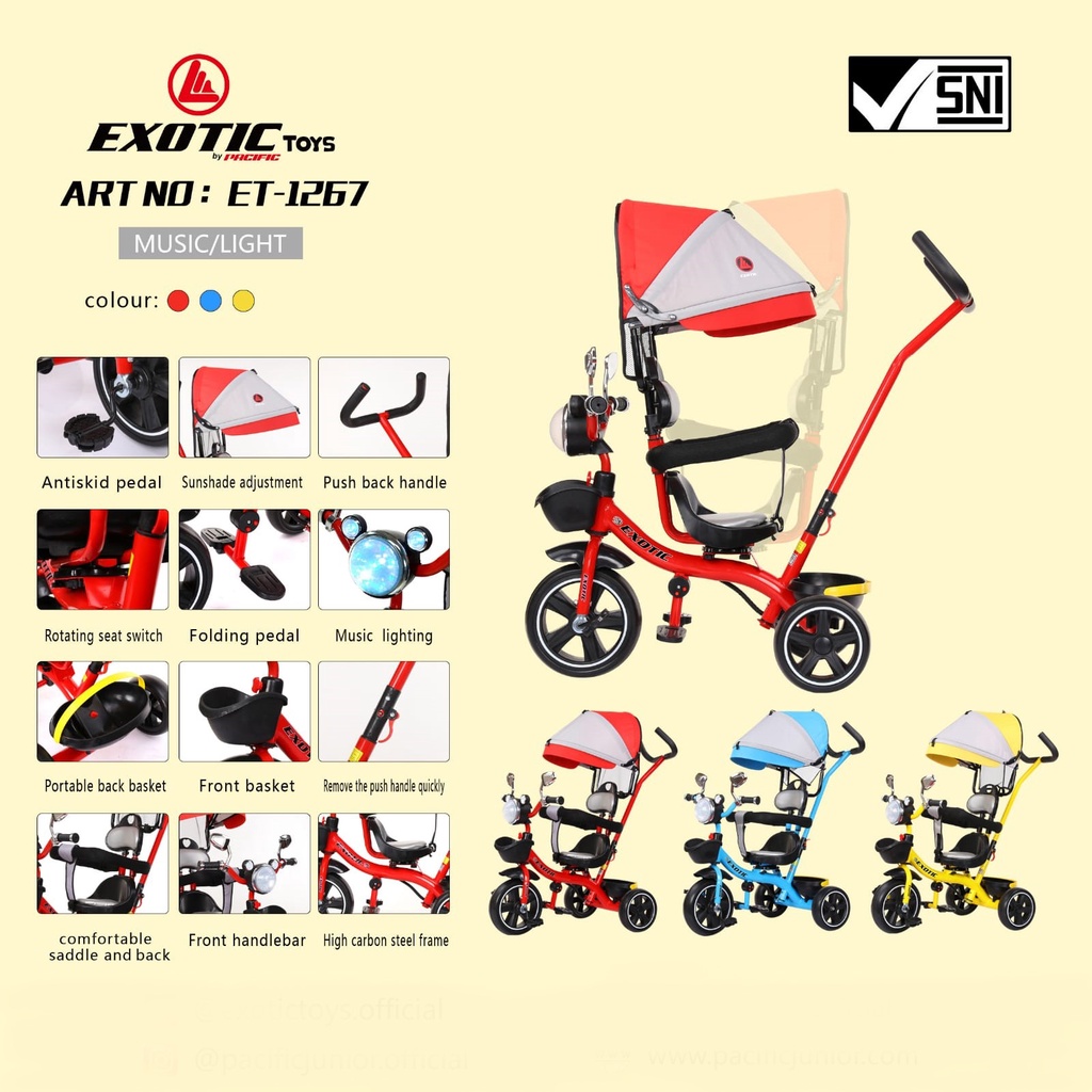 EXOTIC ET-1267 ET1267 ET-1268 ET1268 ET-1269 AT-7702 AT7702 AT-7708 AT7708 Sepeda Anak Roda Tiga Tricycle Pengaman Mainan Musik Lampu Kanopi