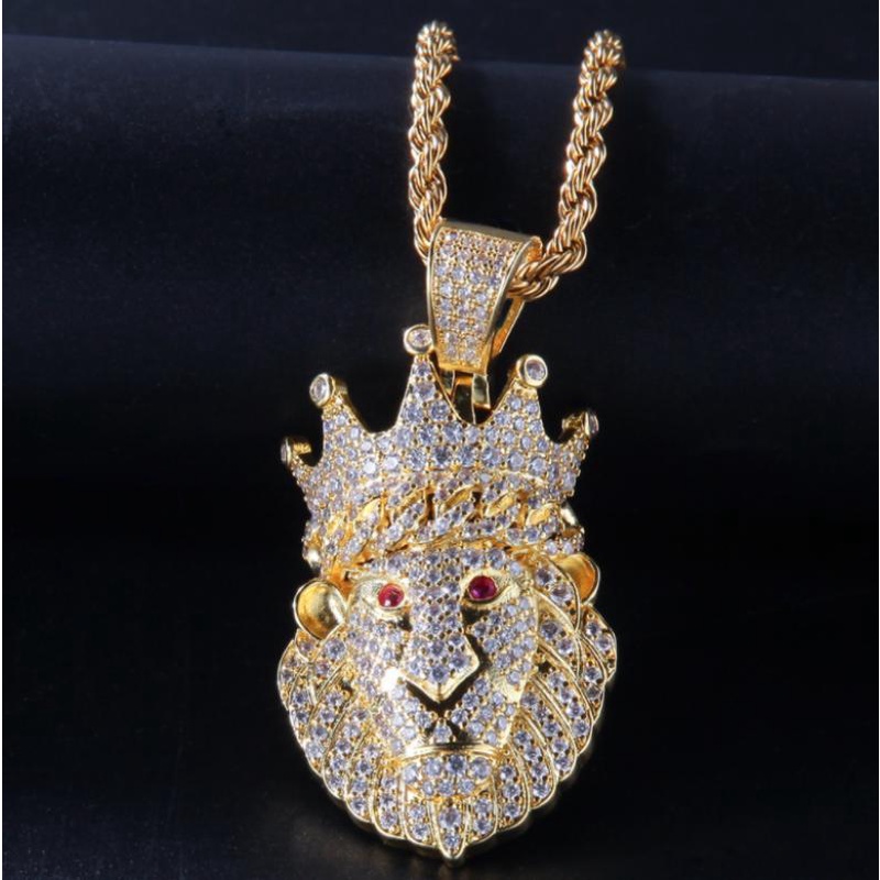 Keren Fashion Raja Kalung Pria Berlapis Emas Mahkota Kepala Singa Hewan Liontin Hip Hop Pesta Perhiasan Hadiah