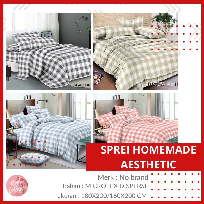 Sprei Homemade Aesthetic Minimalis/Sprei Kotak Ala Korea Size 180X200 Ukuran King T20 dan T30 Free Dua Sarung Bantal Dua Sarung Guling