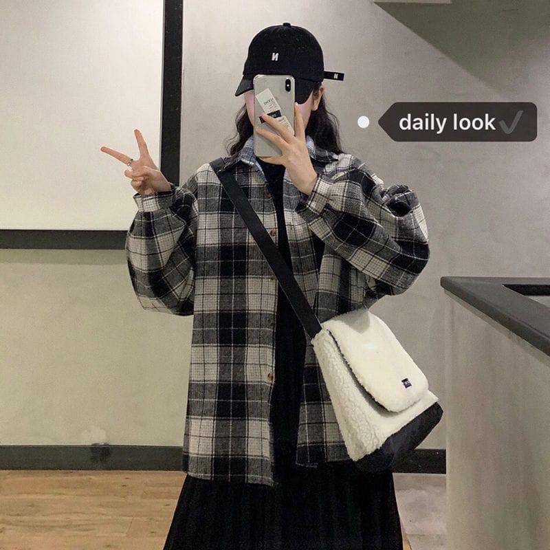 Kemeja Jumbo Korean Style Kotak Wanita Big Size Cewek Korea Kekinian O Talya Fashion Kemeja Tokyo |