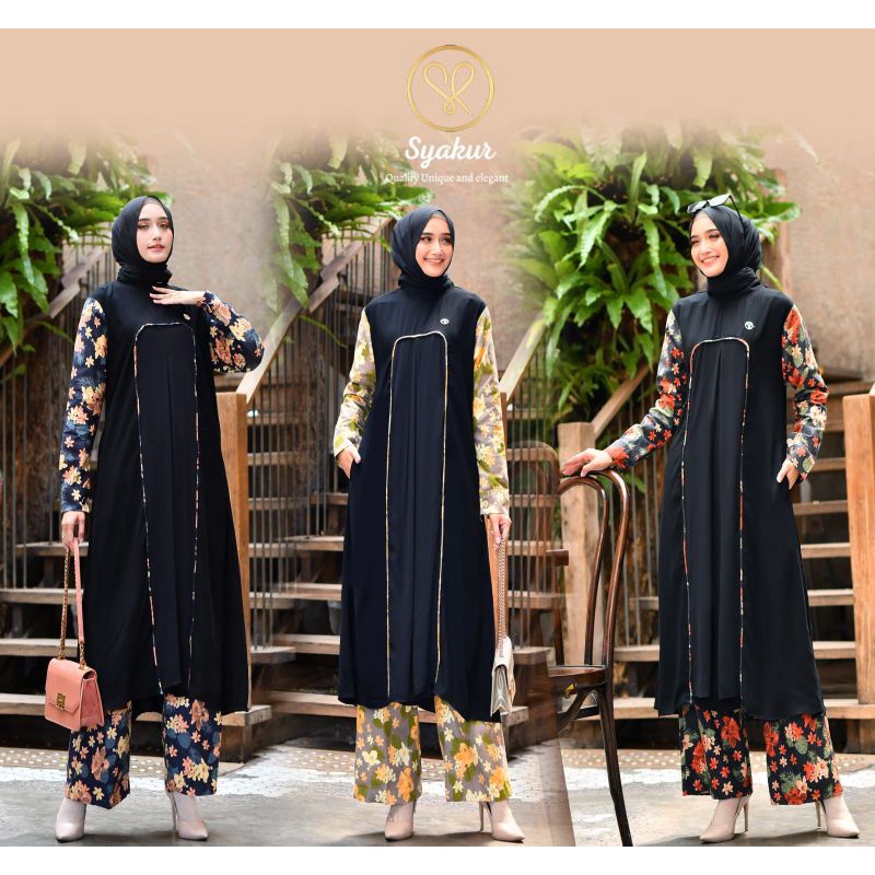 setelan celana jetblack linen motif by syakur collection best seller