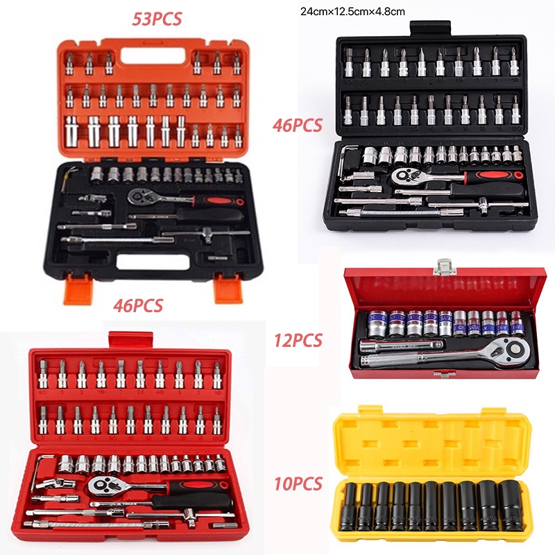 Set Kunci Shock Kunci SOK 46/53 Pcs Set Socket (1/4 )  Mobil Motor Lengkap Socket Tool Kit Set Pas Ring Full Lengkap Socket Tool Kit Pas Ring Motor Mobil Socket Wrench Pas Socket Set 1/4 Car Repair Tool