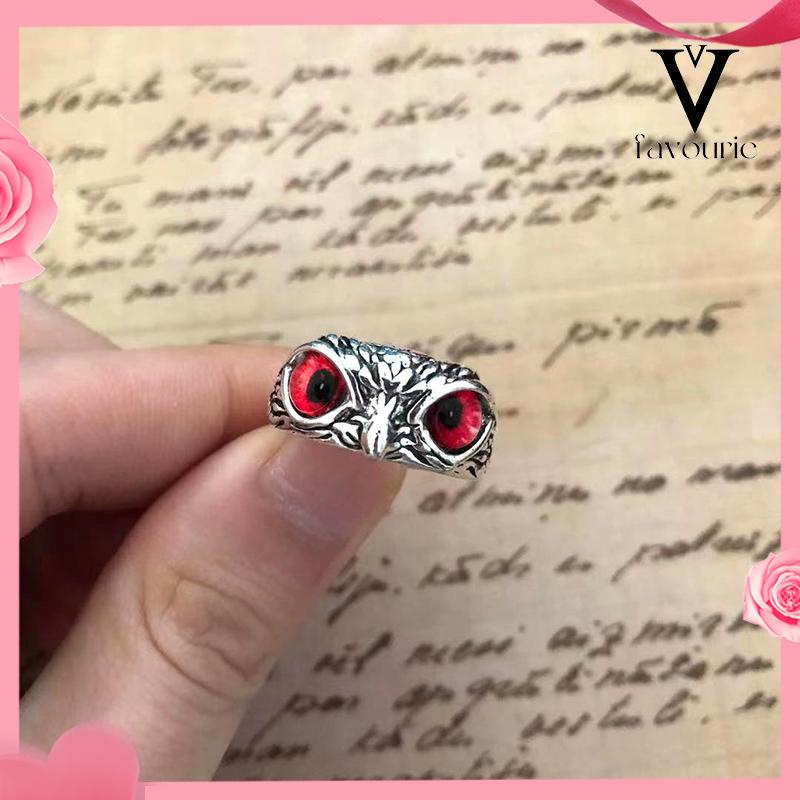 CODKristal Vintage Style Burung Hantu Cincin Perak 925 Pria Wanita Punk Crystal Rings Adjustable Size-FA