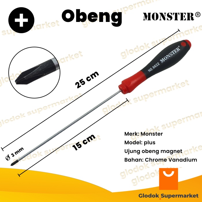 Obeng Plus 6 inch Monster Diameter 3mm Panjang Besi 15cm Gagang Karet Magnet