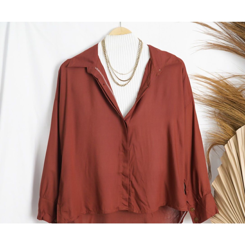 BEFAST - ZFS Kemeja Rayon CAVIA Shirt Polos Panjang / MAISA RAYON / Hem Polos Formal / Pakaian Kerja Wanita Casual / Kemeja Oversize Lengan Panjang / Fashion kekinian remaja ABG / Outift Wanita Hijab / Kemeja Bahan Rayon