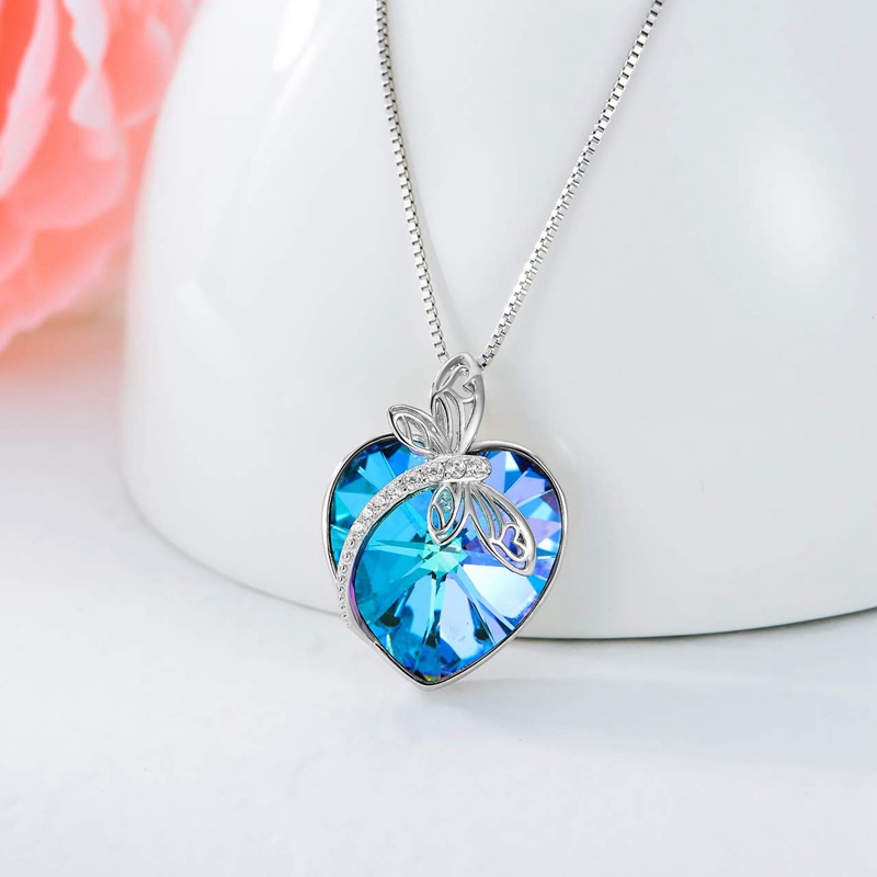 Kalung Guci Capung Untuk Abu Bahan Sterling Silver925 Dengan Perhiasan Cremasi Kristal Hati Biru Untuk Wanita