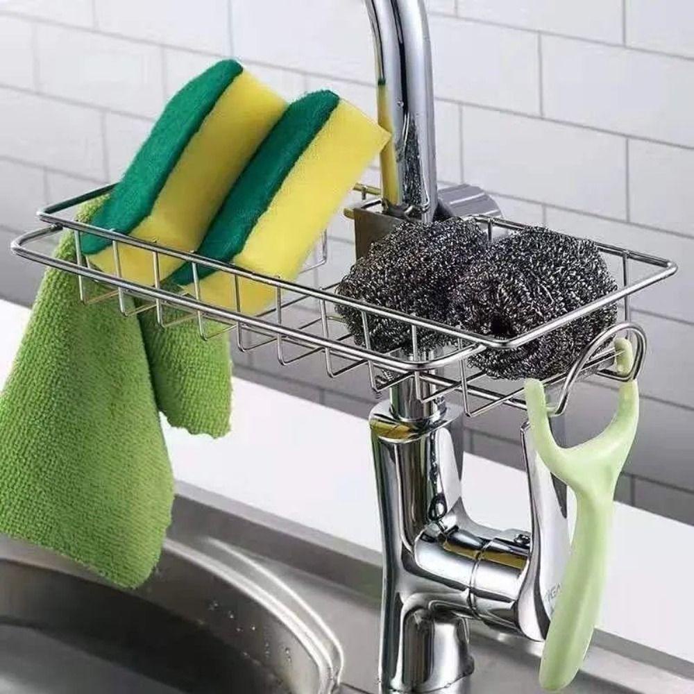 [Elegan] Rak Kran Stainless Steel Dapat Disesuaikan Gratis Berlubang Aksesoris Dapur Kamar Mandi Adjustable Rak Penyimpanan Rak Spons