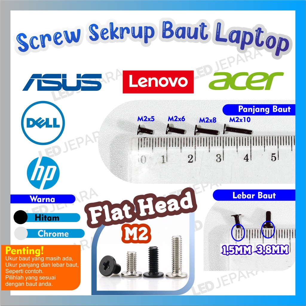 Baut Flat Laptop warna silver warna hitam HP Screw cocok untuk semua Laptop Asus Sekrup Laptop Lenovo Skrup  Notebook Flat Head Baut Kepala Datar Warna HItam Chrome