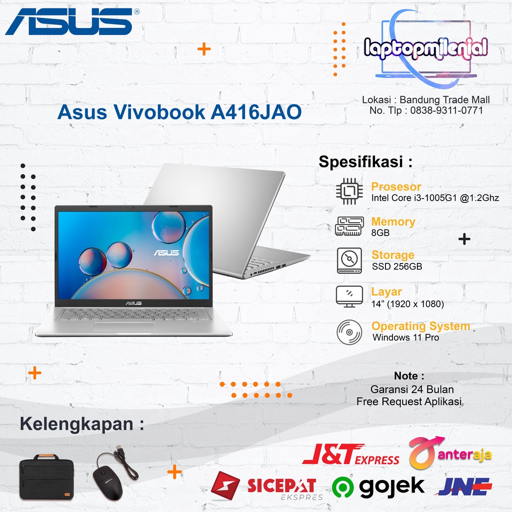 ASUS VIVOBOOK A416JAO Intel Core i3-1005G1 RAM 8GB SSD 256GB Win 11 + OHS 14&quot; FHD BACKLIGHT - SILVER / GREY GARANSI 2 TAHUN RESMI