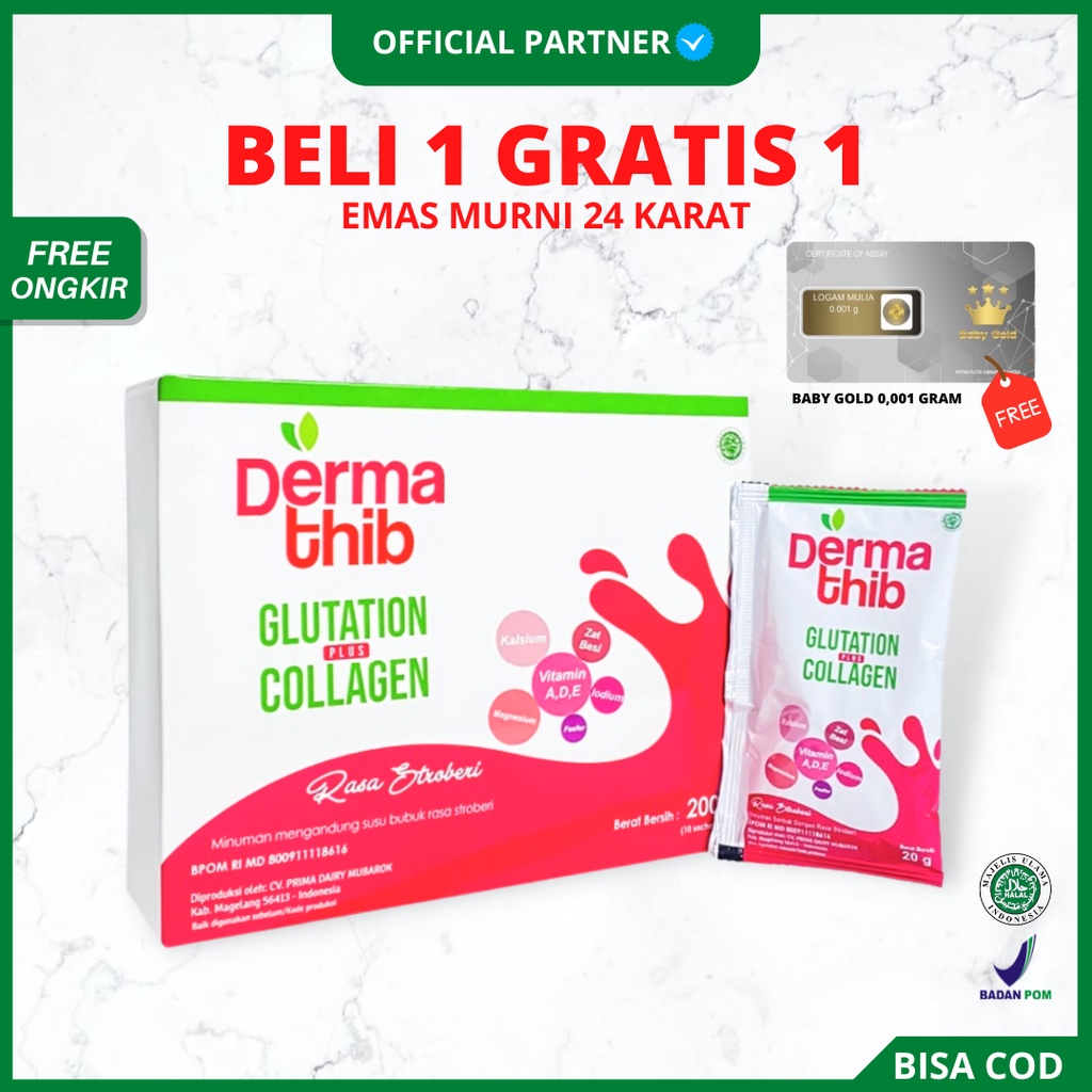 [ FREE GIFT ] Dermathib Collagen Drink Glutation Strawberry  - Dermatib Minuman Kolagen Pemutih Badan Colagen Beauty Original BPOM