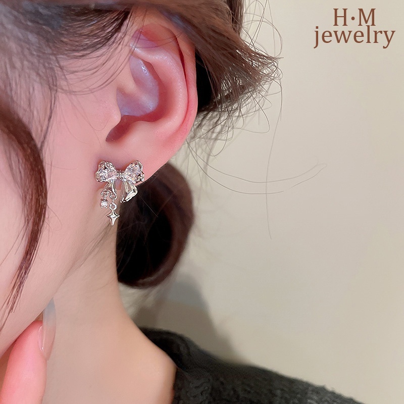 Starry Bright Bow AAA Zircon Stud Earrings Anting Gaya Keren Manis