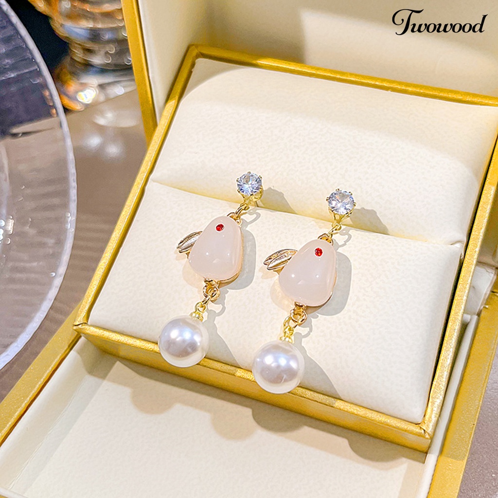 Twowood 1pasang Anting Tusuk Wanita Realistis Tidak Alergi Faux Pearl Bunny Drop Earrings Untuk Pacaran