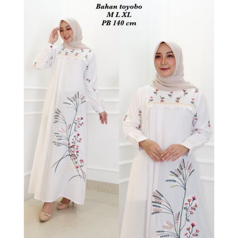 ZAJA - Baju Gamis Motif Bordir Bunga Padi Terbaru / Gamis Katun Toyobo Polos Bordir Mewah 2022 / Dress Muslim Katun Toyobo Bordir Kembang / Gamis Bordir Jumbo / Dress Big Size Bordir Cantik