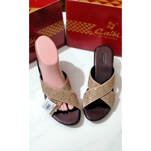 Sandal heels selop wanita merk calbi (MDX.1740)Model tali tiga dan silang duA
