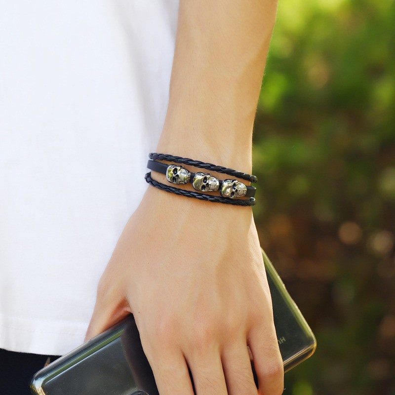 [Z H Perhiasan] Hip Hop Rock Retro Pria Fashion Tengkorak Gelang Kulit Pesta Perhiasan Aksesoris