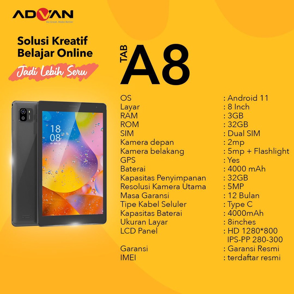 Advan Tab A8 3GB / 32GB Tablet 8 Inch Android 11