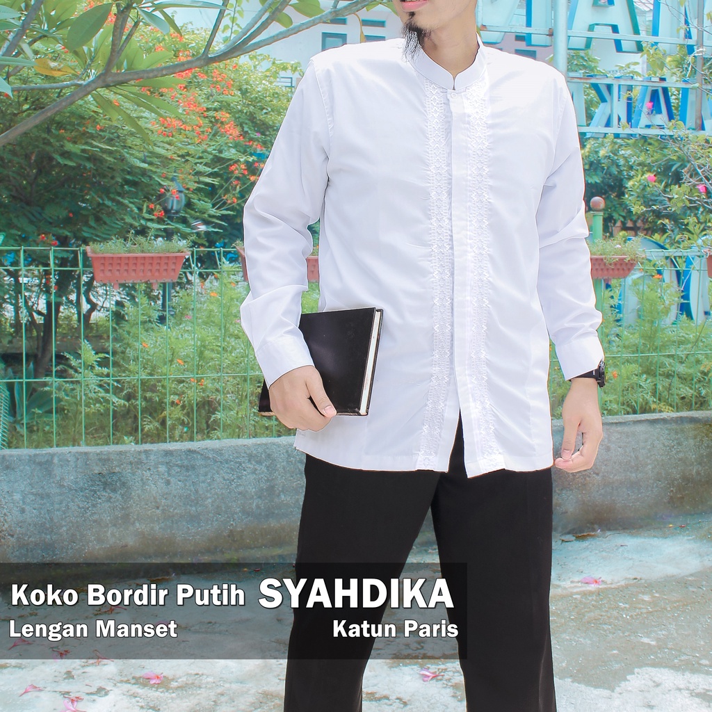 [NEW] BAJU KOKO Lengan Panjang MANSET SYAHDIKA WHITE Pria Dewasa Bordir Katun Kualitas Premium Putih SYD Kemeja Koko