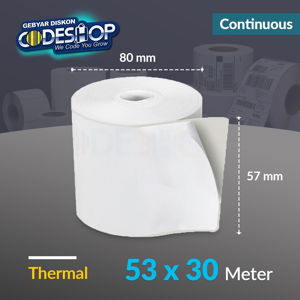 

Codeshop Label Thermal 53 x 30 M Continuous 58mm Stiker Printer Kasir Coreless Panjang 30 Meter