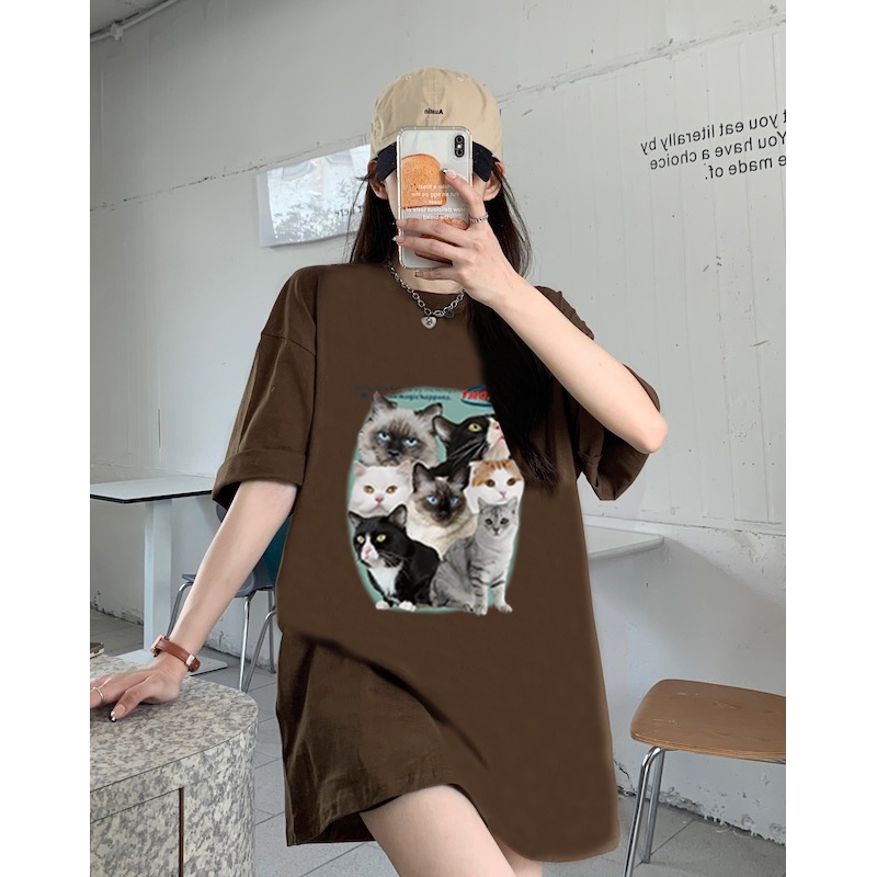 Baju Atasan Wanita Vintage Lengan Pendek Cute Cat Graphic Print T-shirt Oversize Kekinian Kaos Basic Ootd