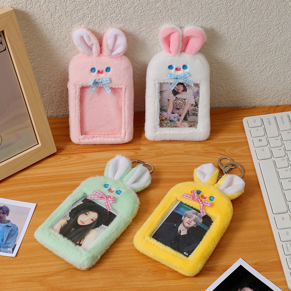 Kelinci Lucu Plush Card Holder Dengan Gantungan Kunci Kampus Bus Card Kartun Kredit ID Card Holder Kpop Idol Photocard Pelindung Case Card Bag Stationery