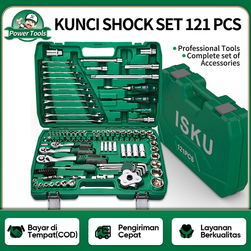 ISKU kunci shock set lengkap Kombinasi 121pcs 72 gigi kunci pas ratchet 1/2 1/4 3/8 kunci pas ratchet /121PCS tool box Kunci Socket Set  Kunci Sok Set Kunci Ring Pas Set