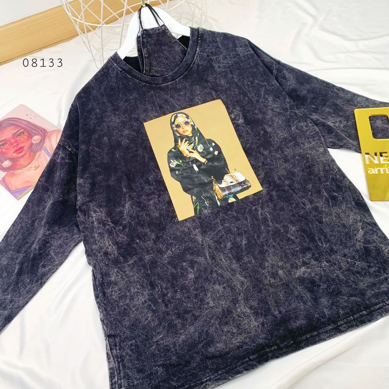 Kaos lengan Panjang Wash Acid | Sweatee Wash Acih Hijab | Kaos Oversize Wash Acid Premium