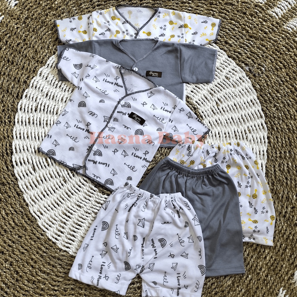 Paket 6pcs Setelan Baju Bayi Baru Lahir Lengan Pendek kekinian Lucu Seri Abu- juragan Lebak