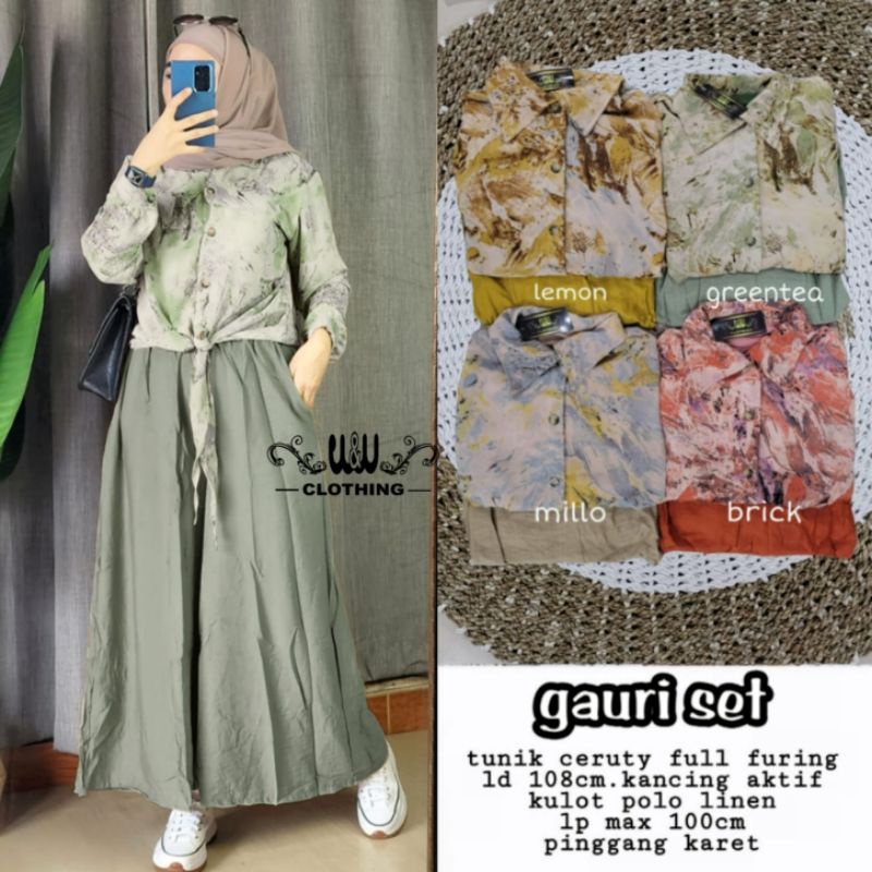 GAURI SETELAN WANITA TUNIK CERUTY FULL FURING MIC KULOT POLO LINEN WW