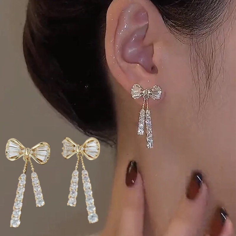 1pasang Busur Panjang Anting Drop Earrings Harian Korea Fashion INS Gaya Berlian Imitasi Populer Full Berlian Ikatan Simpul Earrings Indah Elegan Mengkilap Peri Perhiasan Untuk Wanita Perempuan