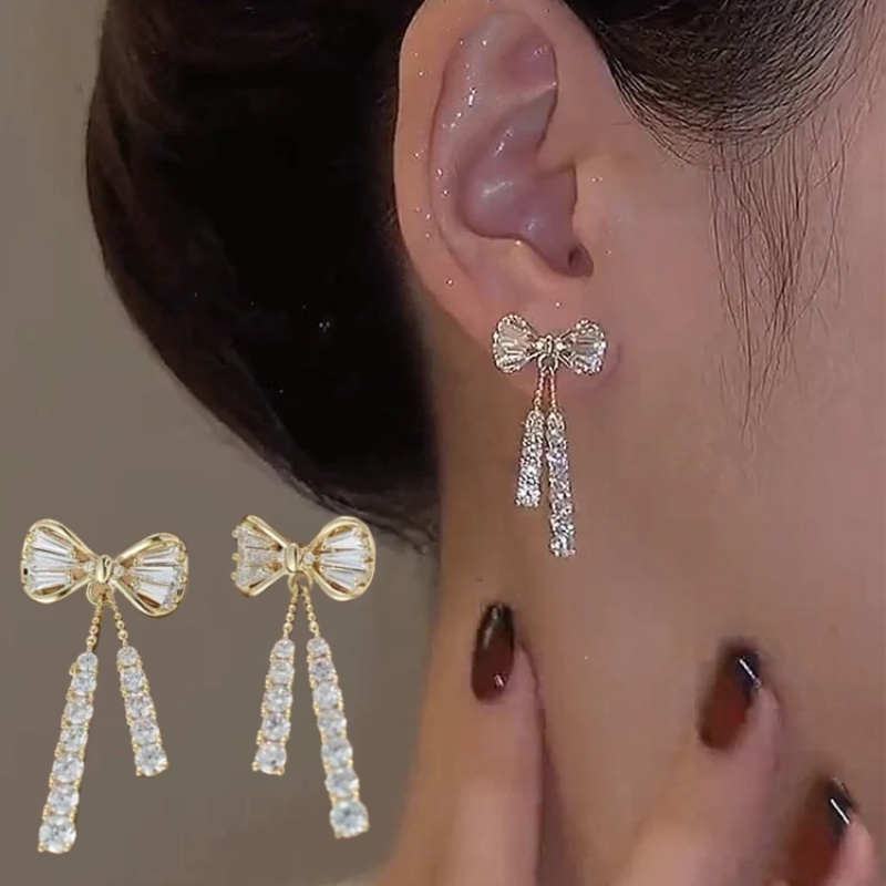 1pasang Busur Panjang Anting Drop Earrings Harian Korea Fashion INS Gaya Berlian Imitasi Populer Full Berlian Ikatan Simpul Earrings Indah Elegan Mengkilap Peri Perhiasan Untuk Wanita Perempuan