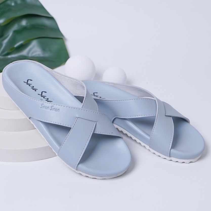 SARASARA YUK - Sandal Wanita Selop Empuk SARA SARA VIVI Sendal Cewek Wedges Platform Rumahan Hak Tinggi 2cm Model Silang 2 Size 36 37 38 39 40 Pergi Jalan Casual Santai Rumah Slop Warna Blue Biru Soft Premium Original Shoes ORI Mall Official Store