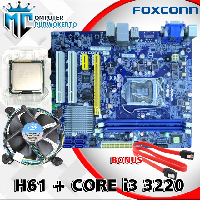 Paket Mainboard H61 Foxcon Dan Processor Core I3 3220 Soket 1155 Bonus Fan