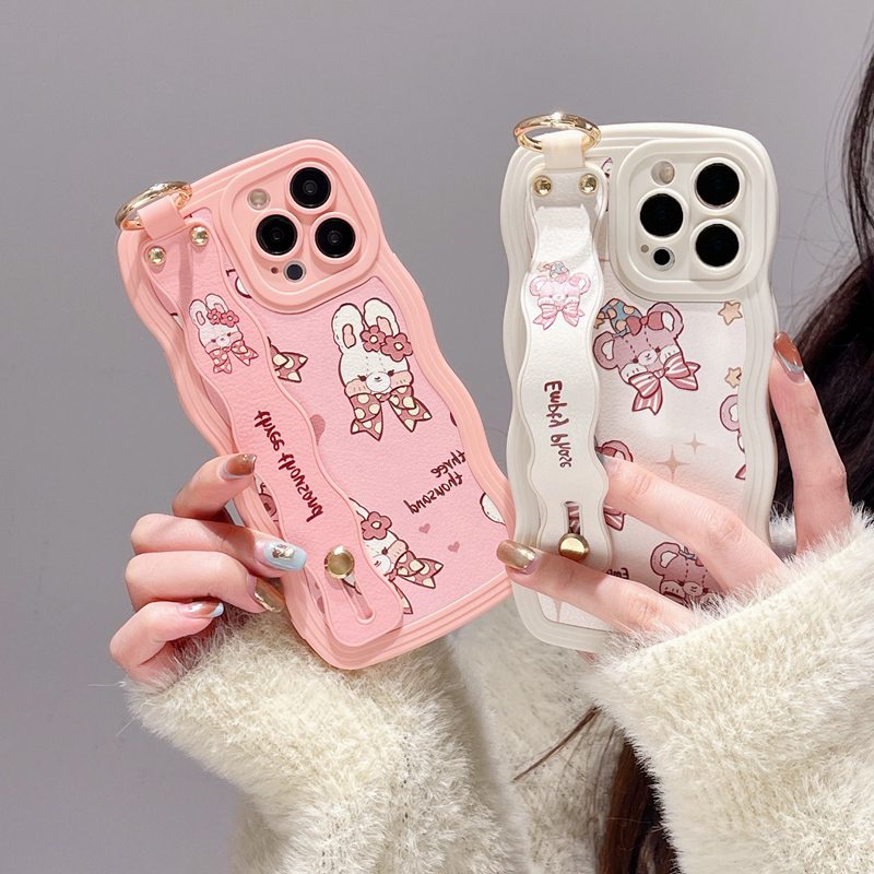 Wave Wrist strap Tali Kulit Soft Case iPhone 7 8 14 + Plus XR XS Max 11 12 13 14 Pro Max Melindungi Casing Ponsel Kelinci Lucu Beruang Pink