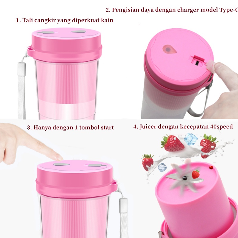 Blender Jus Juice Portable Juicer Mini 350ML USB Wireless 4 Mata Pisau