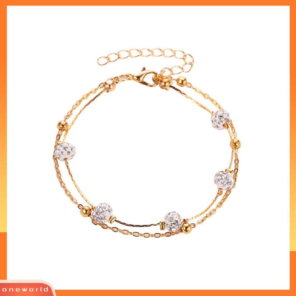 [WONE] Berlian Imitasi Bola Berlapis Ganda Wanita Gelang Kaki Alloy Beads Adjustable Rantai Anklet Aksesoris Kaki