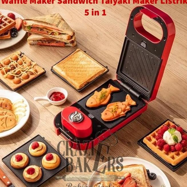 Waffle Maker Sandwich Taiyaki Maker Listrik 5 In 1 - Merah