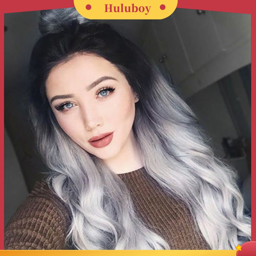 Wig Rambut Keriting Panjang Warna Gradasi Silver Abu-Abu Adjustable Untuk Makeup